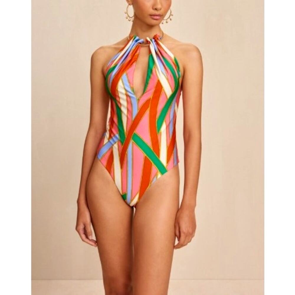 Cult Gaia Women's Vintage Stripe Print Lulu Halter One Piece Swimsuit Size XS